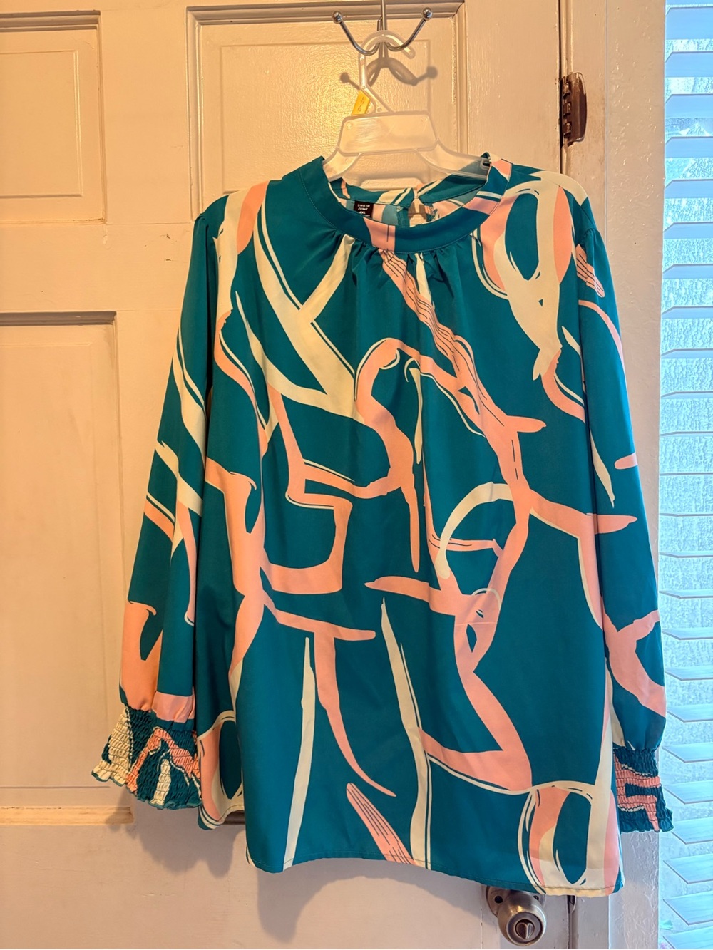 SHEIN Teal with Blush & Cream Abstract Long Sleeve Blouse